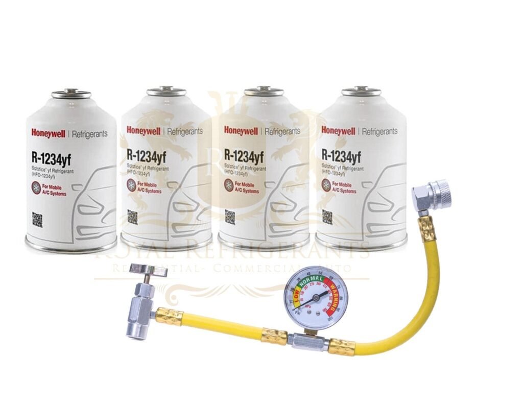 Honeywell Genuine 8oz R1234YF Refrigerant (4 8oz Cans) & Hose with Gauge